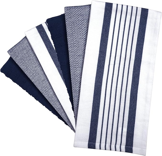 Premium Kitchen Towels 20”x 28”- 6 Pack | Large Cotton Kitchen Towels | Hand Towels for Kitchen | Flat & Terry Towel | Dish Towels | Highly Absorbent Tea Towel with Hanging Loop | Navy Blue Striped