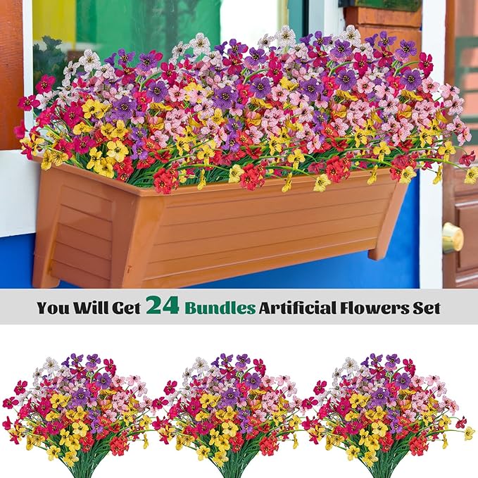 Lnoicy 24 Pcs Artificial Flowers for Outdoor,Plastic Flowers Decoration, UV Resistant Faux Flowers Shrubs, Artificial Plants for Indoor Outside Garden Home Wedding Farmhouse（6 Color）