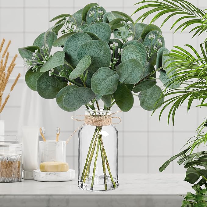 14" Artificial Eucalyptus Stems in Glass Vase with Faux Water, Realistic Eucalyptus Leaves Fake Plant Branch Greenery Decoration for Home Farmhouse Bathroom Kitchen Wedding Centerpiece Table Décor