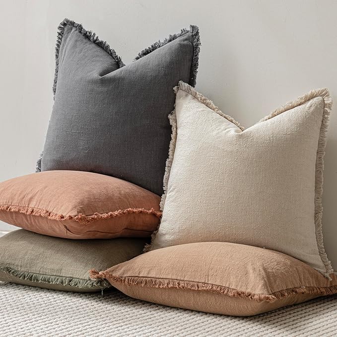 Foindtower Set of 2 Decorative Linen Fringe Throw Pillow Covers Cozy Boho Farmhouse Cushion Cover with Tassels Soft Accent Pillowcase for Couch Sofa Bed Living Room Home Decor, 22×22 Inch, Gray