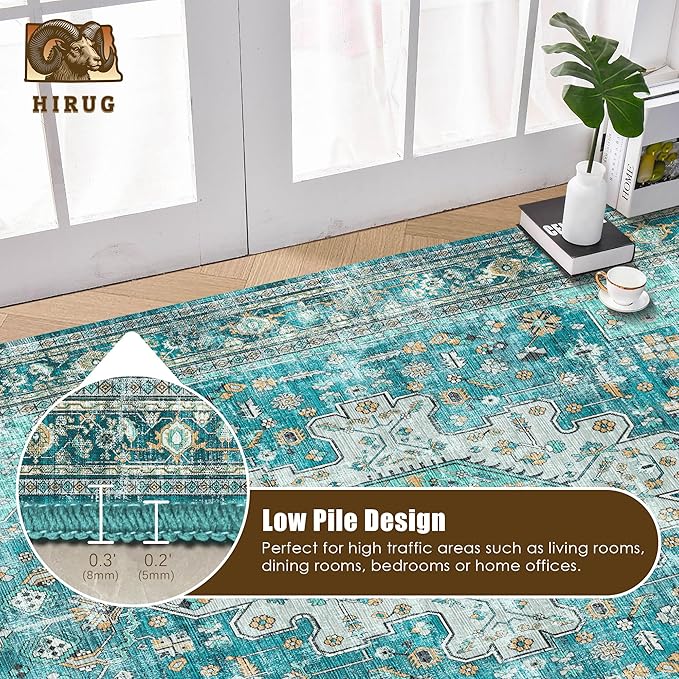 Washable Area Rug 6' x 9' Vintage Traditional Persian Mat - Foldable Distressed Non-Slip Machine Washable Carpet for Living Room Bedroom Kitchen Home Decor - Teal and Gold