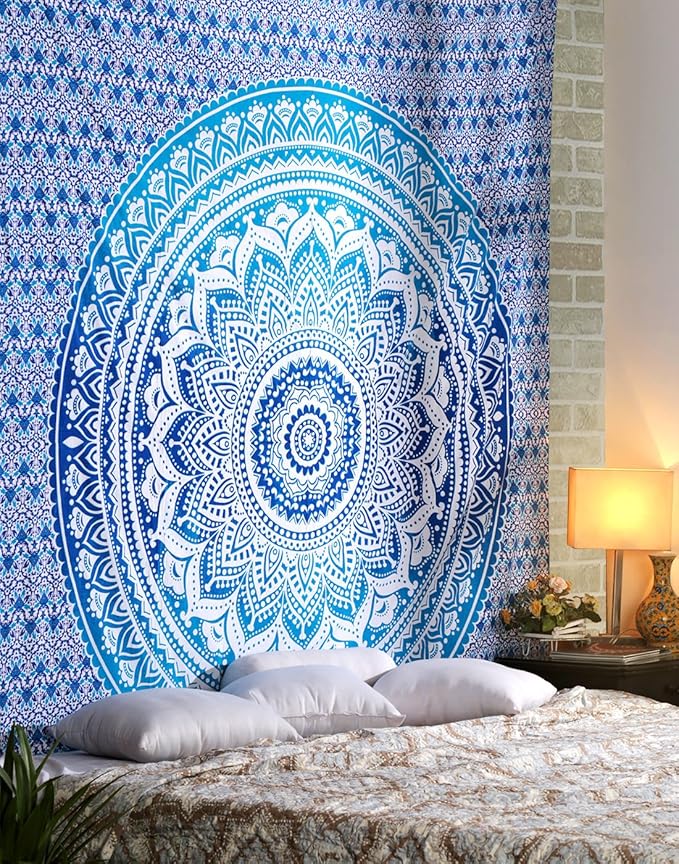 RAJRANG Large Mandala Tapestry for Bedroom and Living Room Wall Hanging Cotton Tapestries (Blue, Ombre, 90x84 Inch, Queen size)