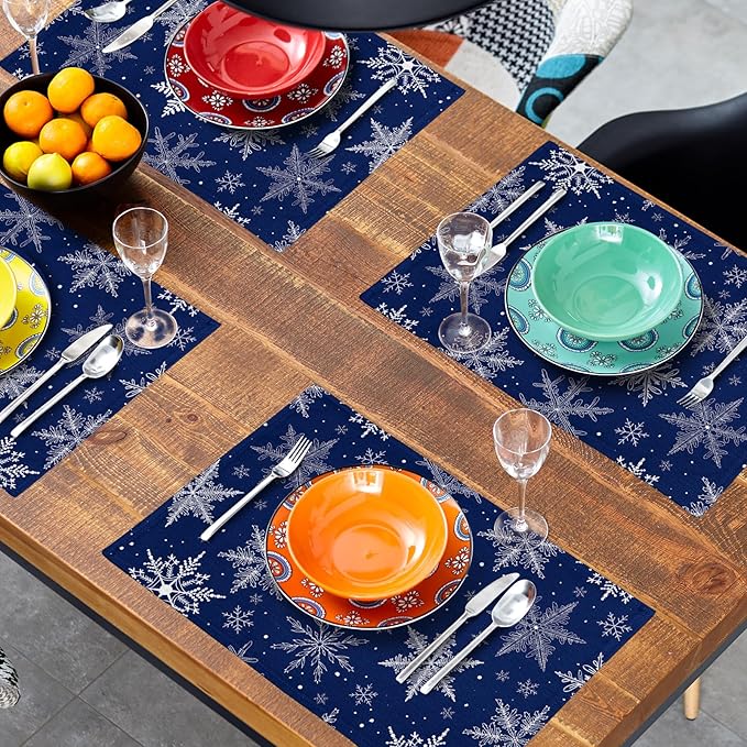 Winter Blue Snowflake Placemats 12×18 Inches Set of 4 Holiday Indoor Kitchen Dining Table Place Mats for Home Party Decoration