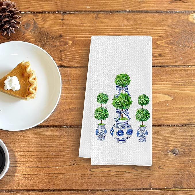 Blue and White Porcelain Chinoiserie Towels, Green Topiary Tree Dish Towels for Kitchen, Hand Towels for Bathroom, 16x24 Inches