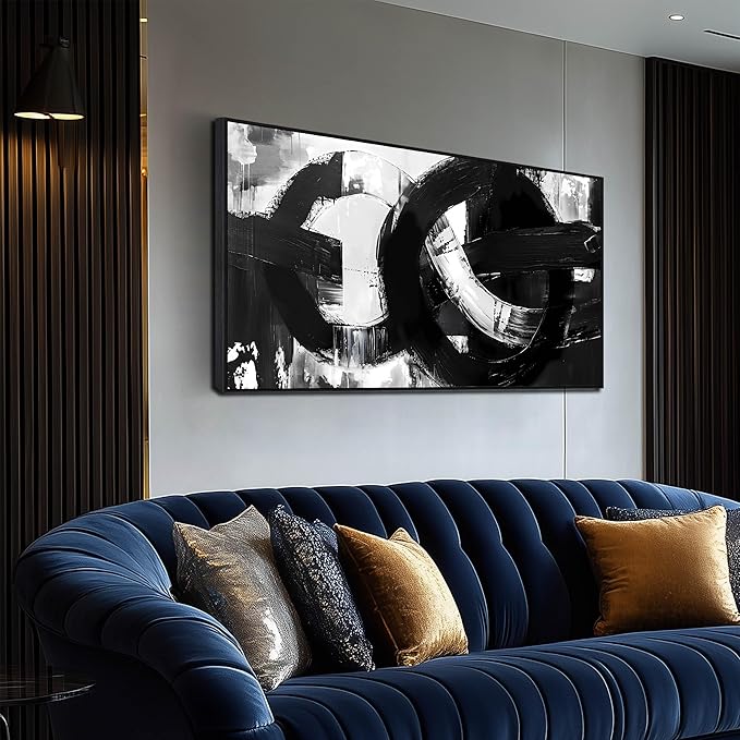 Abstract Canvas Wall Decorations Black Framed Wall Art Black White Artwork for Living Room Poster Pictures for Home Office 29"x 59"