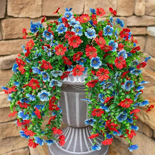 Faux Flowers for Outdoors Decoration, 2Pcs Artificial Fake Hanging Spring Summer Decor, Red and Blue Realistic Plants, UV & Fading Resistant Silk Flower for Porch Patio Balcony Planter Yard