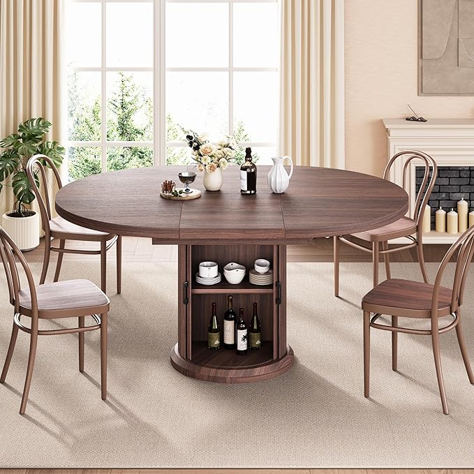 Dining Table for 4-6,63“Extendable Round Kitchen Dining Room Table with 2-Tier Storage Shelf, Space Saving Expandable Wood Oval Circle Dinner Furniture with Pedestal Base (Brown)
