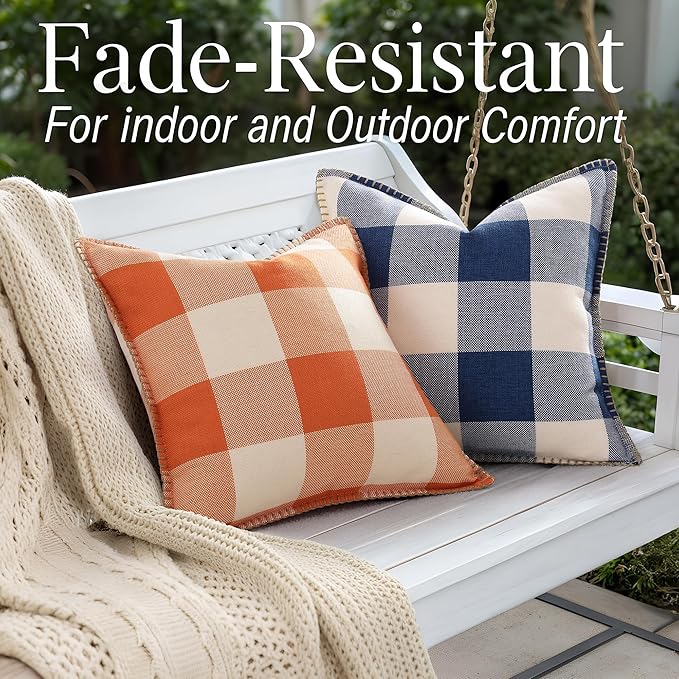 decorUhome Buffalo Plaid Check Throw Pillow Covers 12x20 Set of 2, Outdoor Lumbar Linen Decorative Farmhouse Gingham Pillow Covers with Stitched Edge for Bed Couch Sofa, Navy Blue and White