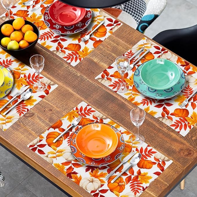 Fall Placemats 12×18 Inches Set of 4 Watercolor Pumpkin Autumn Leaves Indoor Kitchen Dining Table Place Mats for Home Party Decoration