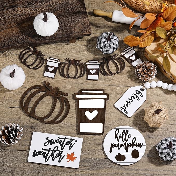 19 Pcs Rustic Fall Tiered Tray Decor Autumn Farmhouse Home Decorations Set Fall Wood Tray Decor Rustic Autumn Thanksgiving Day Decorative Sign for Tabletop Kitchen Office Decorations