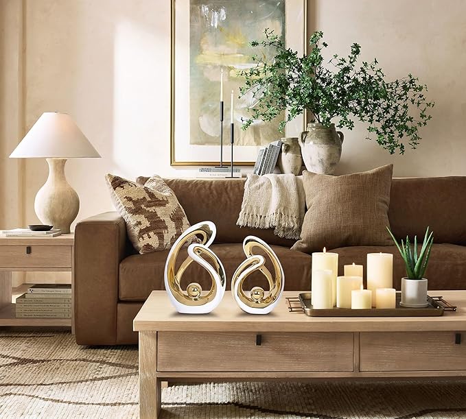 2 Pcs White and Gold Decor Ceramic Decor Statue Centerpieces Table Sculpture Decoration Figurine Art Mid Century Modern Decor for Dining Room Living Room Bedroom Shelf Office Coffee Table Decorative