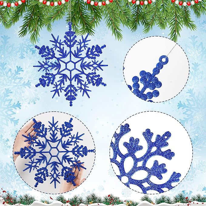 6pcs Large Navy Blue Snowflakes Ornaments 12" Big Plastic Glitter Snowflake for Winter Indoor Outdoor Christmas Tree Window Room Decorations Giant Craft Snowflakes