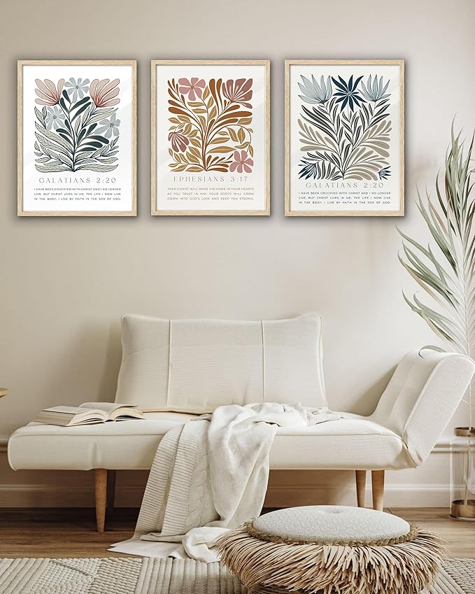 EcoHest Christian Bible Verse Floral Framed Wall Art, 12x16 in OAK Wood Boho Abstract Flowers Canvas Wall Art, Galatians 2:20 Home Decor, Beige Logs Christ Set of 1 for Bedroom Living Room