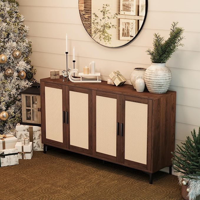 Modern Rattan Decor Sideboard - 42"W x 34.66"H x 15"D, Brown, 4 Doors, 3 Adjustable Shelves, Kitchen Buffet Cabinet, Dining Room, Living Room