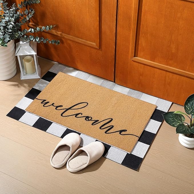 2 Pcs Door Mat Welcome Non Slip Coir Mats Black White Buffalo Plaid Checked Floor Layering Doormats Seasonal for Front Porch Entryway Decor(Welcome)