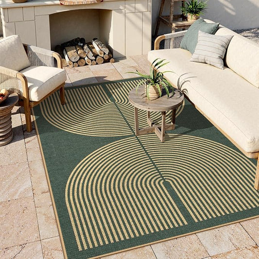Lahome Modern Rainbow Easy Jute Indoor Outdoor Rugs, 5x7 Dark Green Rug for Living Room Office, Farmhouse Non Slip Non Shedding Floor Carpet for Dining Room Deck Sunroom