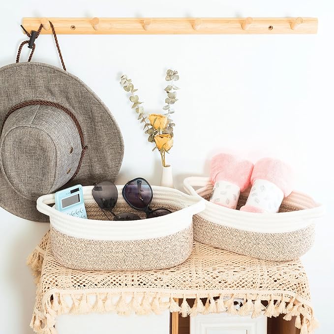 MINTWOOD Design 5-Piece Small Decorative Woven Storage Baskets Set for Shelves, Bathroom, Pantry and Nightstand Organizer, Catch All Tray for Organizing Gifts, Dog and Cat Toys, Light Brown