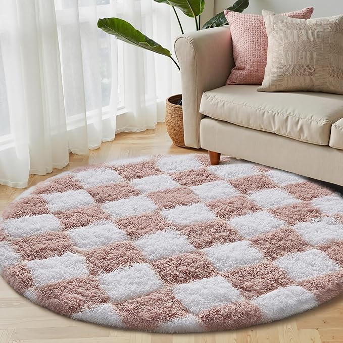 Checkered Rug 4x4 for Living Room, Pink and White Modern Shag Rug Super Soft Washable Indoor Fuzzy Carpet Non-Slip Fluffy Rugs for Bedroom Home Aesthetic Decor