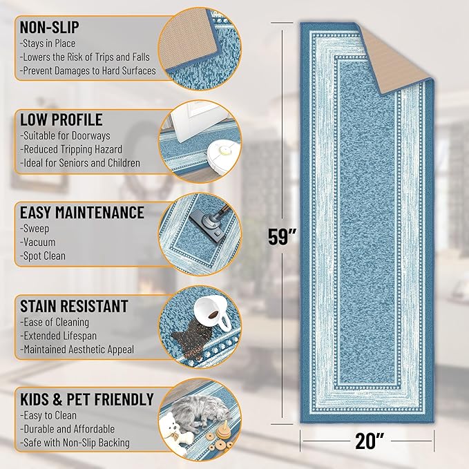 Ottomanson Hallway Runner Rug 20" x 59" Non Slip Border Area Rugs Easy to Clean Laundry Rug Runner Durable & Pet Friendly Floor Carpet Runners for Hallways Entryway Living Room Kitchen, Turquoise