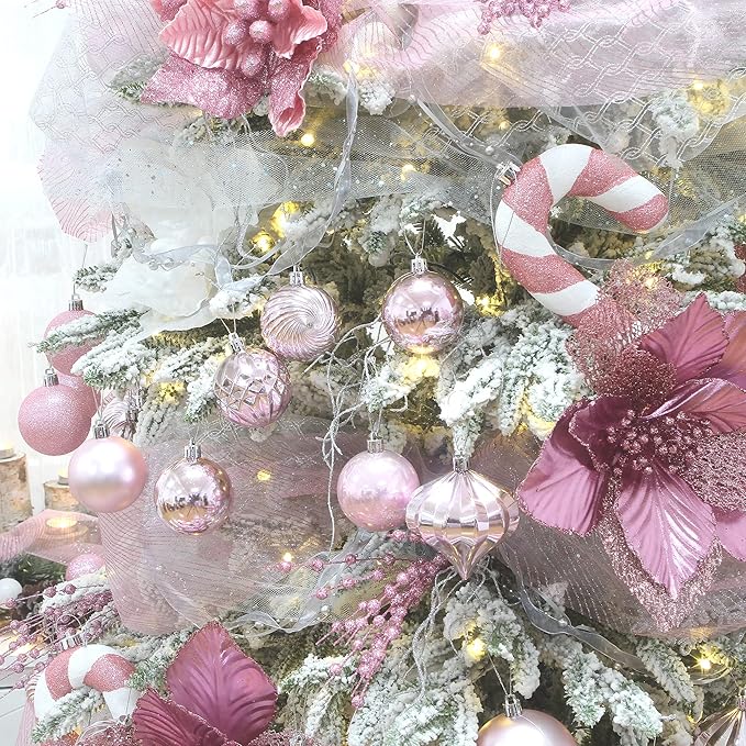 Sea Team 41-Pack Christmas Ball Ornaments with Strings, 60mm/2.36-Inch Medium Size Baubles, Shatterproof Plastic Christmas Bulbs, Hanging Decorations for Xmas Tree, Holiday, Wedding, Party, Pink