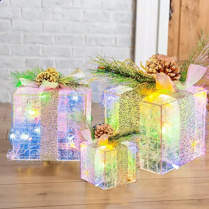 Hourleey Set of 3 Christmas Lighted Gift Boxes, Pre-lit 60 LED Light Up Present Boxes Ornament Outdoor Multi Color Tinsel Boxes Decoration for Indoor Christmas Home Yard Lawn Decor