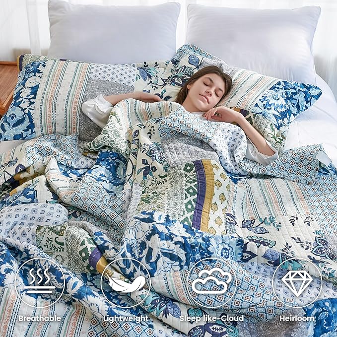 Secgo Queen Comforter Set for Bed - 100% Cotton Quilts Queen Size, Green, Sage Bedspreads (90 * 98 Inch) with 2 Pillow Shams, Patchwork Reversible Lightweight Bedding