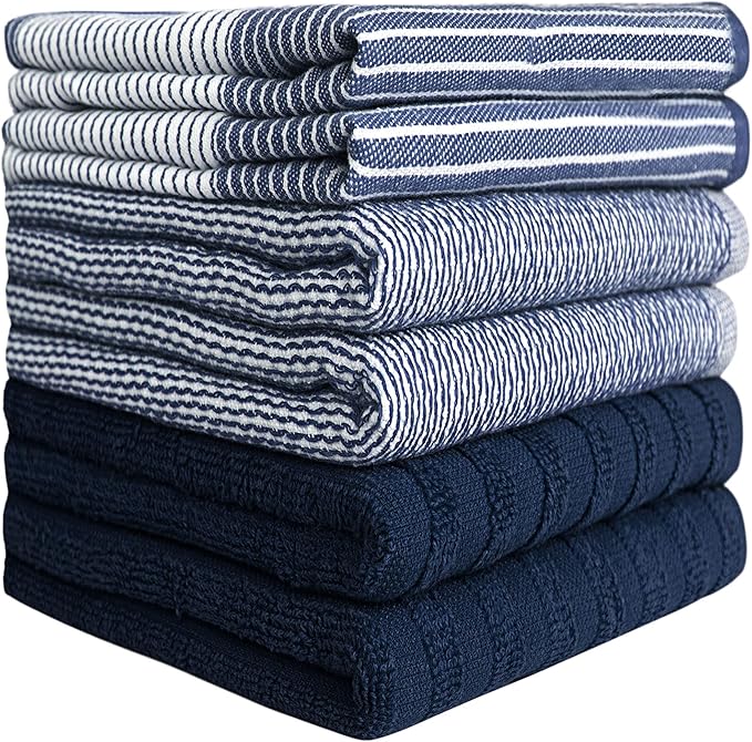 Premium Kitchen Dish Hand Towels (20”x 28”, 6 Pack) | Large,Cotton Flat & Terry Highly Absorbent Tea Towels Set with Hanging Loop | Navy Blue
