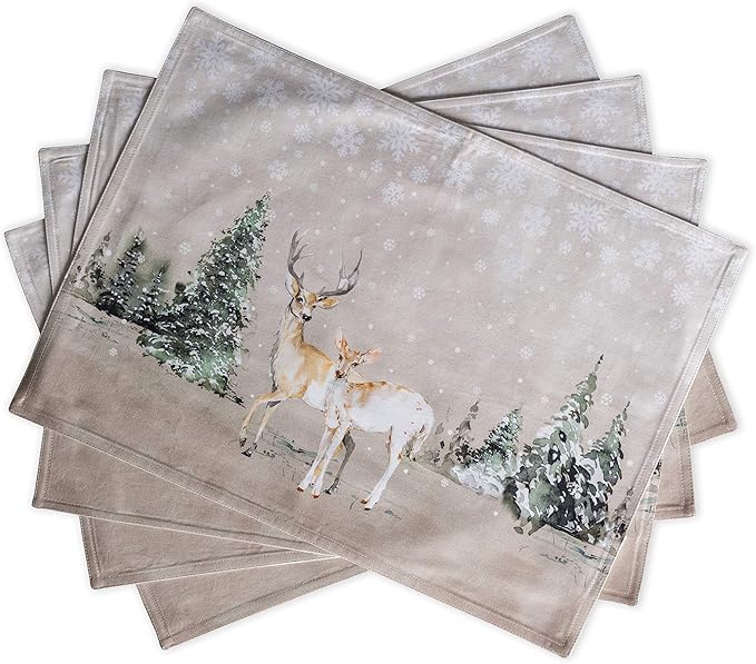 Maison d' Hermine Placemats Set of 4 100% Cotton Washable Cloth Place Mats, Reusable Table Mats for Kitchen Dining Decoration, Party, Wedding, Restaurant (Deer in The Woods, 13" x 19")
