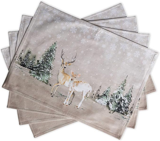 Maison d' Hermine Placemats Set of 4 100% Cotton Washable Cloth Place Mats, Reusable Table Mats for Kitchen Dining Decoration, Party, Wedding, Restaurant (Deer in The Woods, 13" x 19")