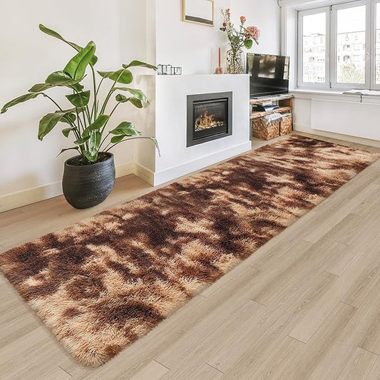 Super Soft Fluffy Living Room Area Rug 2x8 ft Tie-Dyed Brown Shaggy Furry Carpet Washable Non-Slip Floor Rugs Bedroom Bedside Nursery Rug Fuzzy Girls Boy Dorm Home Decor Aesthetic