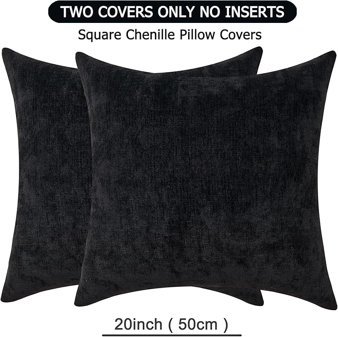GAWAMAY Decorative Square Throw Pillow Covers 20"x20" Inch Set of 2, Super Soft Chenille Pillows Farmhouse Fall Pillowcase for Living Room Bedroom Sofa Couch Cushion Cover Black 50x50cm (No Insert)