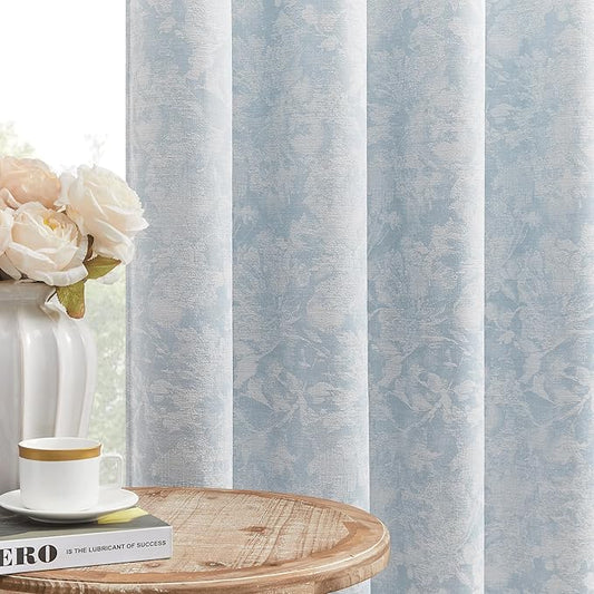 Beauoop Blue Floral Jacquard Blackout Curtains 72 Inches Long 2 Panels for Bedroom Living Room Chenille Flower Room Darkening Thermal Insulated Soundproof Grommet Window Treatments Drapes, 52x72