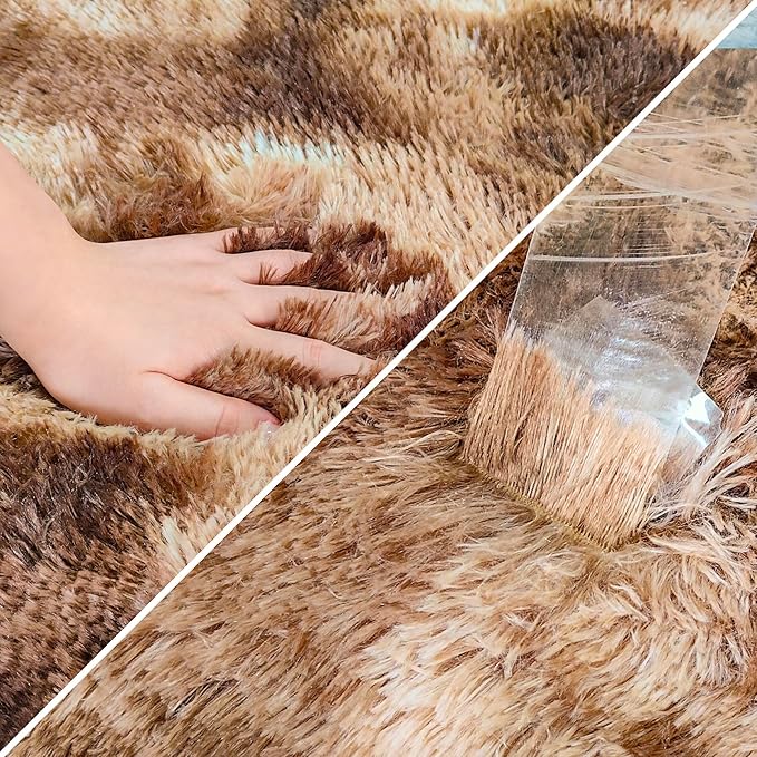 Super Soft Fluffy Living Room Area Rug 2x8 ft Tie-Dyed Brown Shaggy Furry Carpet Washable Non-Slip Floor Rugs Bedroom Bedside Nursery Rug Fuzzy Girls Boy Dorm Home Decor Aesthetic