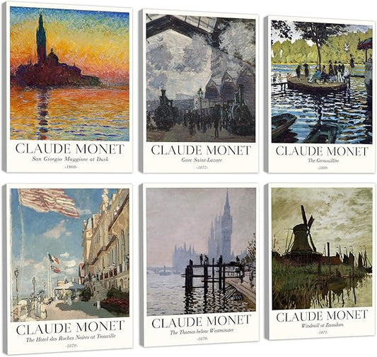 COSCTOR Set of 6 Claude Monet Wall Art Decor Canvas Vintage Famous Artist Retro Landscape Colorful Posters and Prints for Living Room Bathroom Bedroom Hallway Kitchen (Framed, 12x16)