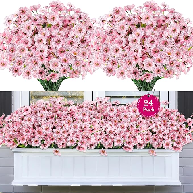 24 Bundles Artificial Flowers for Outdoors, Realistic Fake Silk Flowers for Outside Decoration, No Fade Faux Plants Outdoor Planter Window Box Porch Patio Decor(Pink)