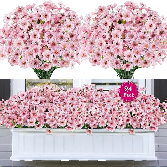 24 Bundles Artificial Flowers for Outdoors, Realistic Fake Silk Flowers for Outside Decoration, No Fade Faux Plants Outdoor Planter Window Box Porch Patio Decor(Pink)