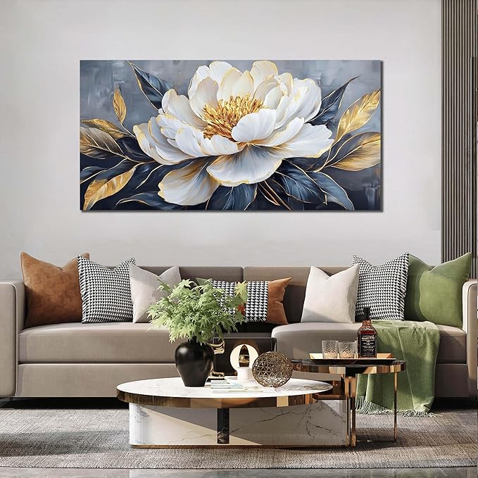 AOZEMI White Flowers Wall Art for Living Room Floral Beautiful Picture Gold Canvas Art Nature Wall Decor Bedroom 24"x 48"