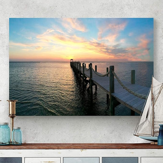 Renditions Gallery Canvas Nature Art Landscape View of Orange Sunset at Ocean Pier Wall Hanging Prints for Office Home Kitchen Decorations - 18"X27" LT08