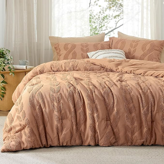 Bedsure King Size Comforter Set Taupe, Boho Tufted Bed Set, Farmhouse Jacquard Cable Knit Pattern Bedding, 3 Pieces, 1 Shabby Chic Fluffy Comforter & 2 Pillow Shams