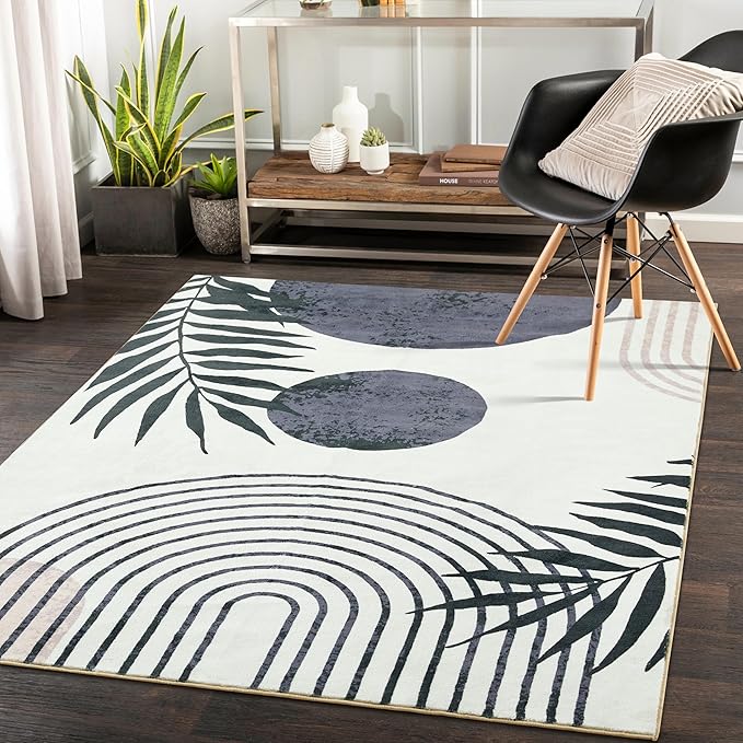 RoomTalks Mid Century Boho Washable 4x6 Rug, Black Vintage Cute Aesthetic Area Rugs Carpet for Kitchen Entryway Bedroom Living Room Office, Abstract Contemporary Botanical Leaves Thin Indoor Rug