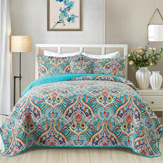 VAPUTAR Quilt Queen Bedding Set - Soft Cotton Quilts with Paisley Floral Pattern - Lightweight Reversible Bedspreads for Farmhouse (3 Pieces, Bright Teal)