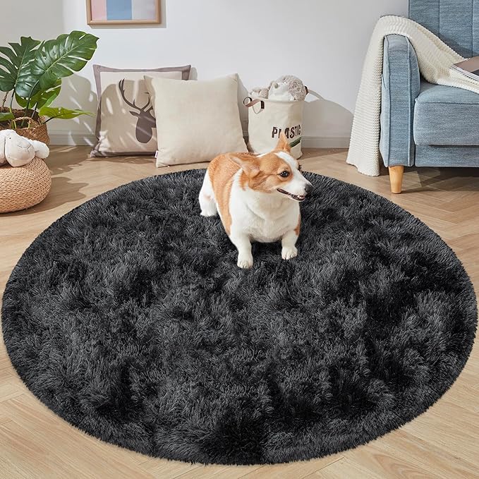5x5 ft Tie Dye Black Round Rug for Bedroom Room Fluffy Circle Rug Furry Carpet Shaggy Circular Fuzzy Washable Non-Slip Large Area Rug Soft Indoor for Living Room Cute Aesthetic Home Decor