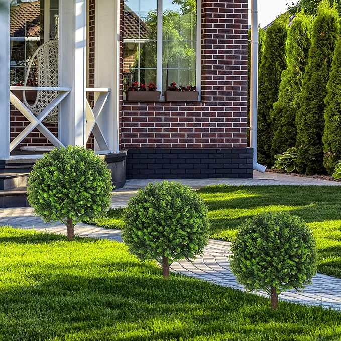 Set of 2 Artificial Boxwood Topiary Ball Bush for Outdoor with Ground Spike 22", UV Resistant Faux Greenery Shrubs, Fake Green Boxwood Plants for Indoor, Garden, Yard, Porch, Patio Decor