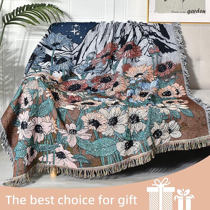 Boho Throw Blanket Reversible Cotton Bohemian Tapestry Hippie Room Decor Double Sided (Boho Flower Dark 50"x60")