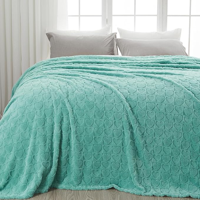 NEWCOSPLAY Super Soft Queen Blanket Sage Green Love Premium Silky Flannel Fleece 3D Heart Checkered Lightweight Bed Blanket All Season Use (Sage Green Love, Queen(90"x90"))