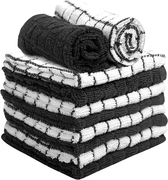 Bumble Dish Cloths (8 Pack) - 100% Cotton Dish Rags & Kitchen Washcloths for Washing Dishes | 12" x 12" | 405 GSM | Black