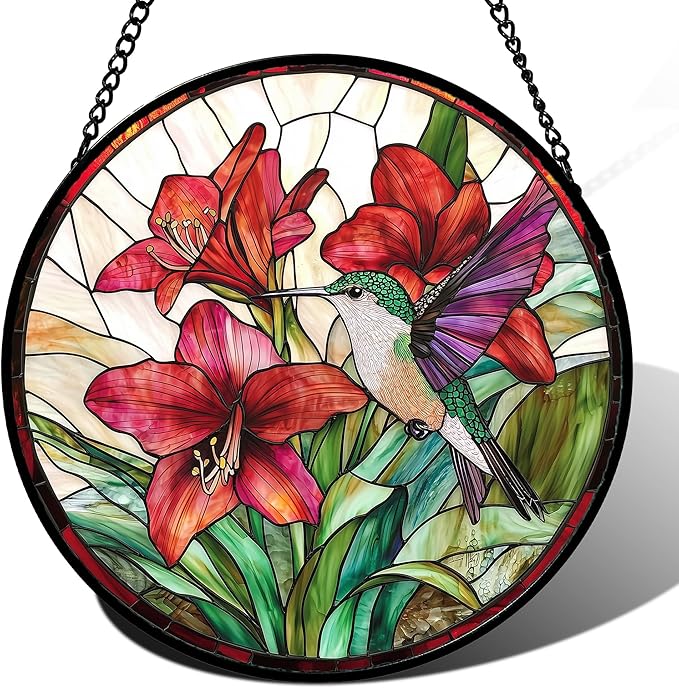 Stained Glass Window Hanging - Hummingbird On Red Lily Flower Sun Catcher for Door Garden Decor Suncatcher Christmas Mother's Day Birthday Gifts for Bird Lovers Women Men Mom Nana 11.8 in