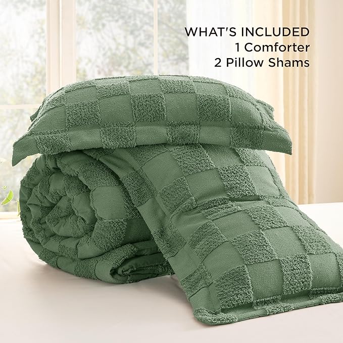 Bedsure Queen Size Comforter Set Green, Boho Tufted Bed Set, Checkered Farmhouse Shabby Chic Bedding, 3 Pieces, 1 Plaid Geometric Comforter and 2 Pillow Shams