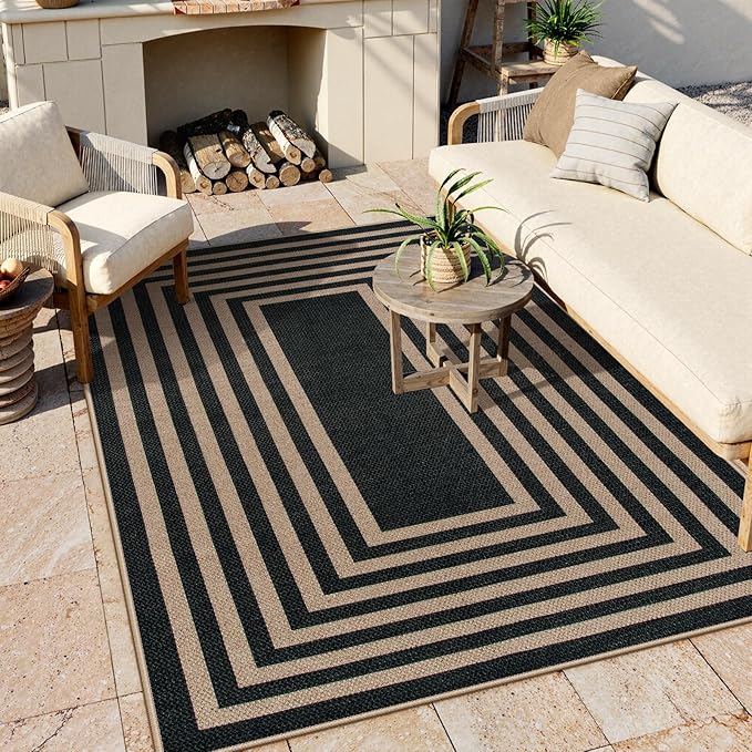 Lahome Modern Geometric Easy Jute Outdoor Rug, 5x7 Patio Living Room Rug Large Black Carpet for Bedroom, Farmhouse Washable Indoor Outdoor Carpet for Dining Room Backyard Deck