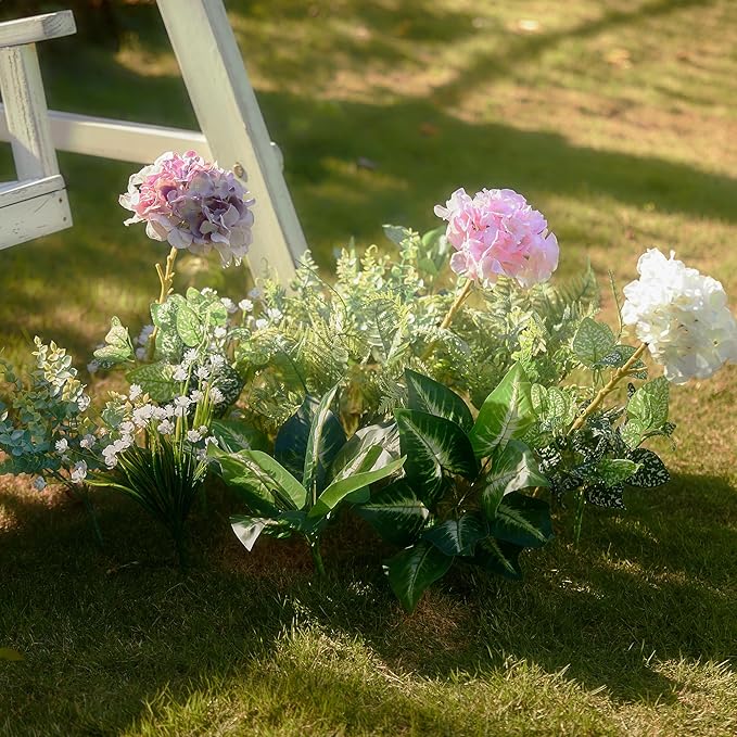 PARTY JOY 18 Bunches Fake Plants Outdoor, Fake Bushes UV Resistant Artificial Flowers Hydrangea Flowers Greenery Shrubs Faux Greenery for Outdoor Garden Patio Front Porch Yard Decor